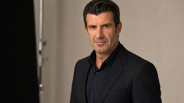 Luis Figo in een neutrale, professionele studiosetting.