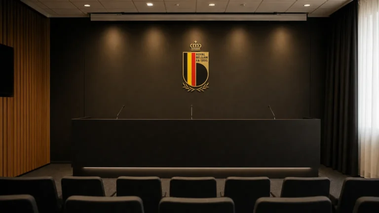 Lege persruimte van de Rode Duivels met een embleem op de achterwand.