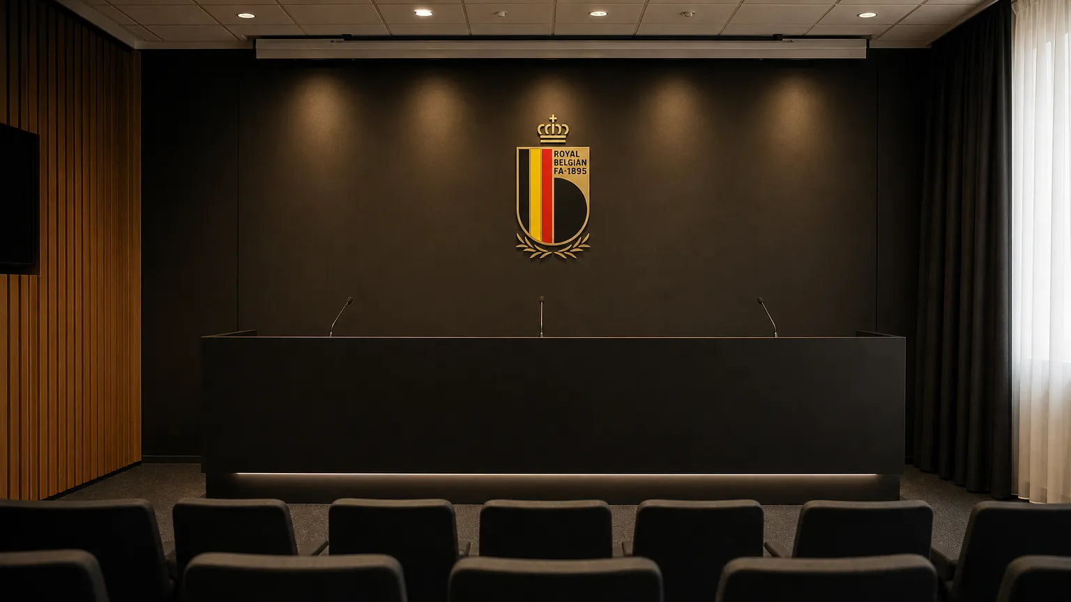 Lege persruimte van de Rode Duivels met een embleem op de achterwand.