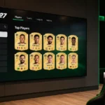 Een groot scherm met het EA Sports FC 27-ratingsscherm in een gamehoek.