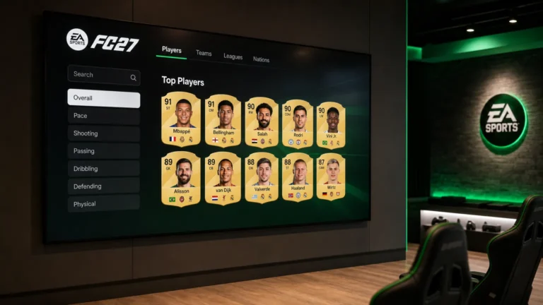 Een groot scherm met het EA Sports FC 27-ratingsscherm in een gamehoek.