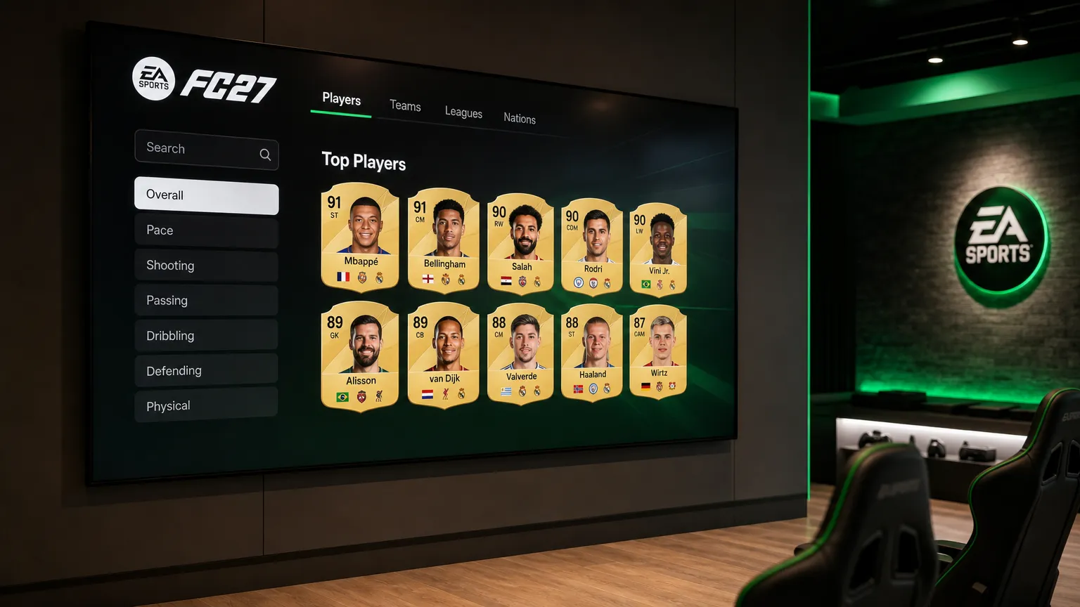 Een groot scherm met het EA Sports FC 27-ratingsscherm in een gamehoek.
