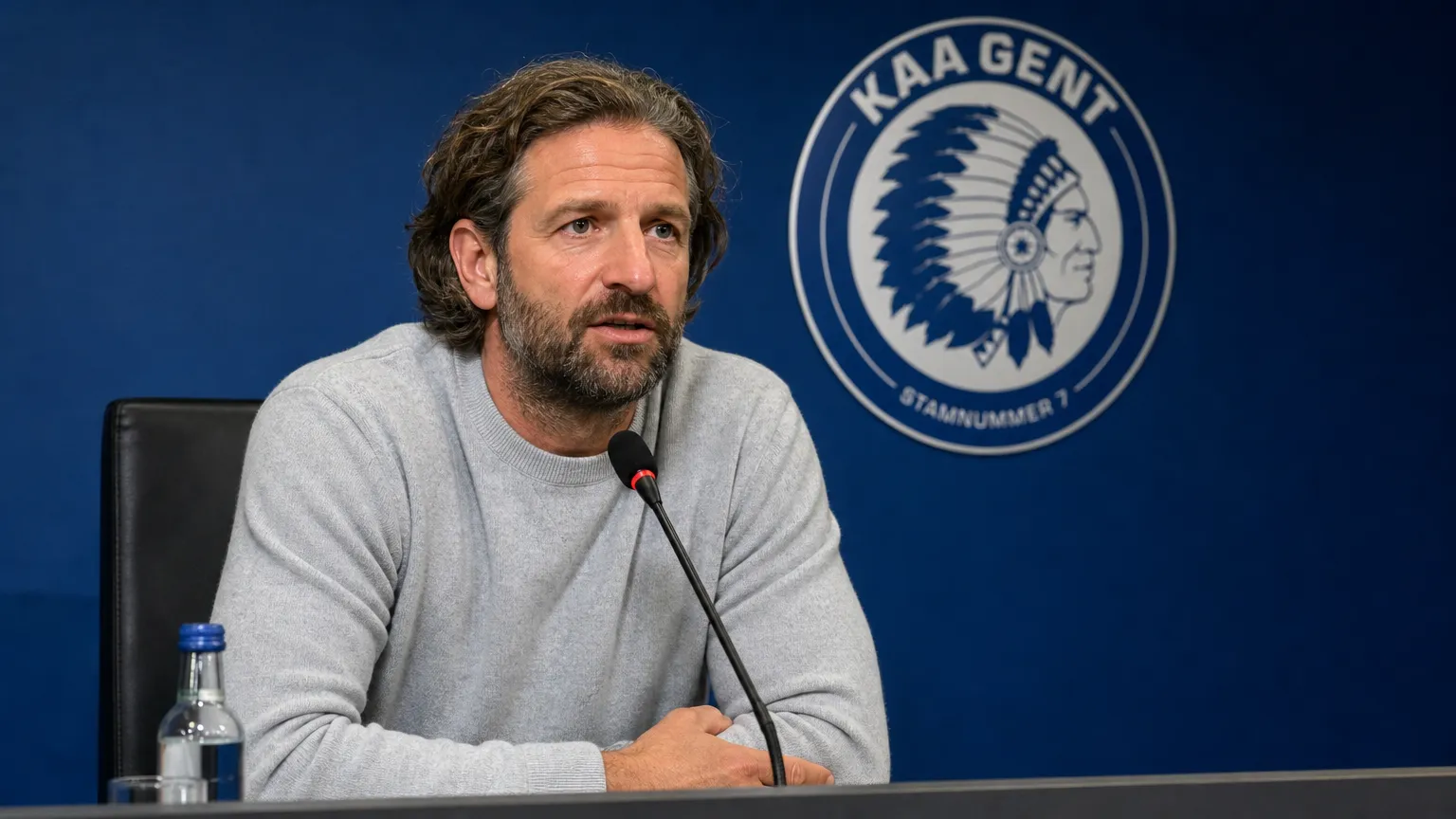 Rik De Mil spreekt tijdens een persconferentie van KAA Gent.