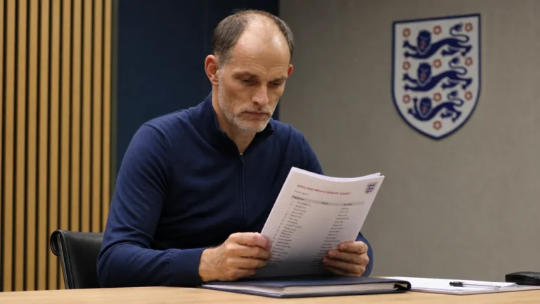 Een Engelse bondscoach bekijkt een selectiedossier in een officiële mediaruimte.