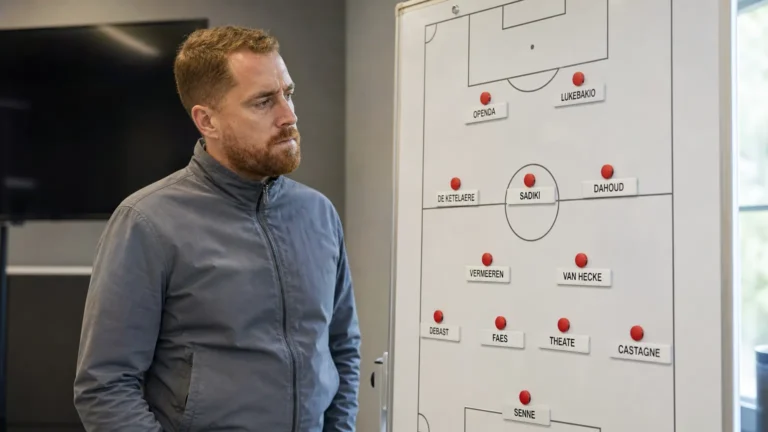 Gil Swerts bekijkt een selectiebord van de Jonge Duivels in een vergaderruimte.