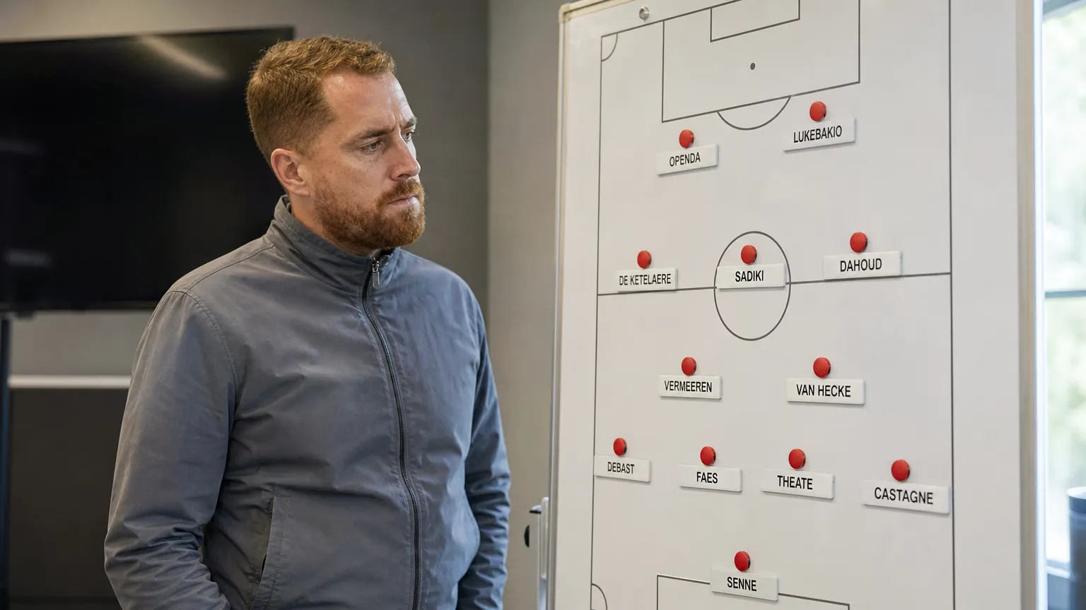 Gil Swerts bekijkt een selectiebord van de Jonge Duivels in een vergaderruimte.