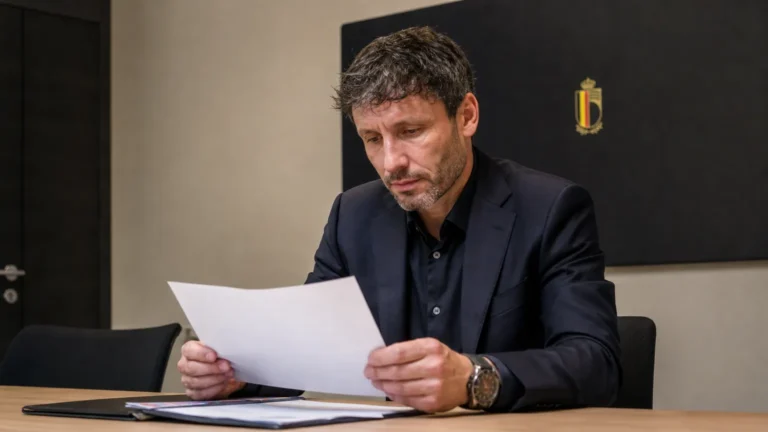 Mark van Bommel bekijkt een selectiedocument in een vergaderruimte van de Belgische nationale ploeg.
