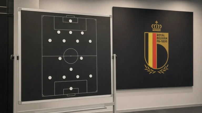 Een leeg selectiebord in de briefingruimte van de KBVB met het bondslogo op een wandpaneel.