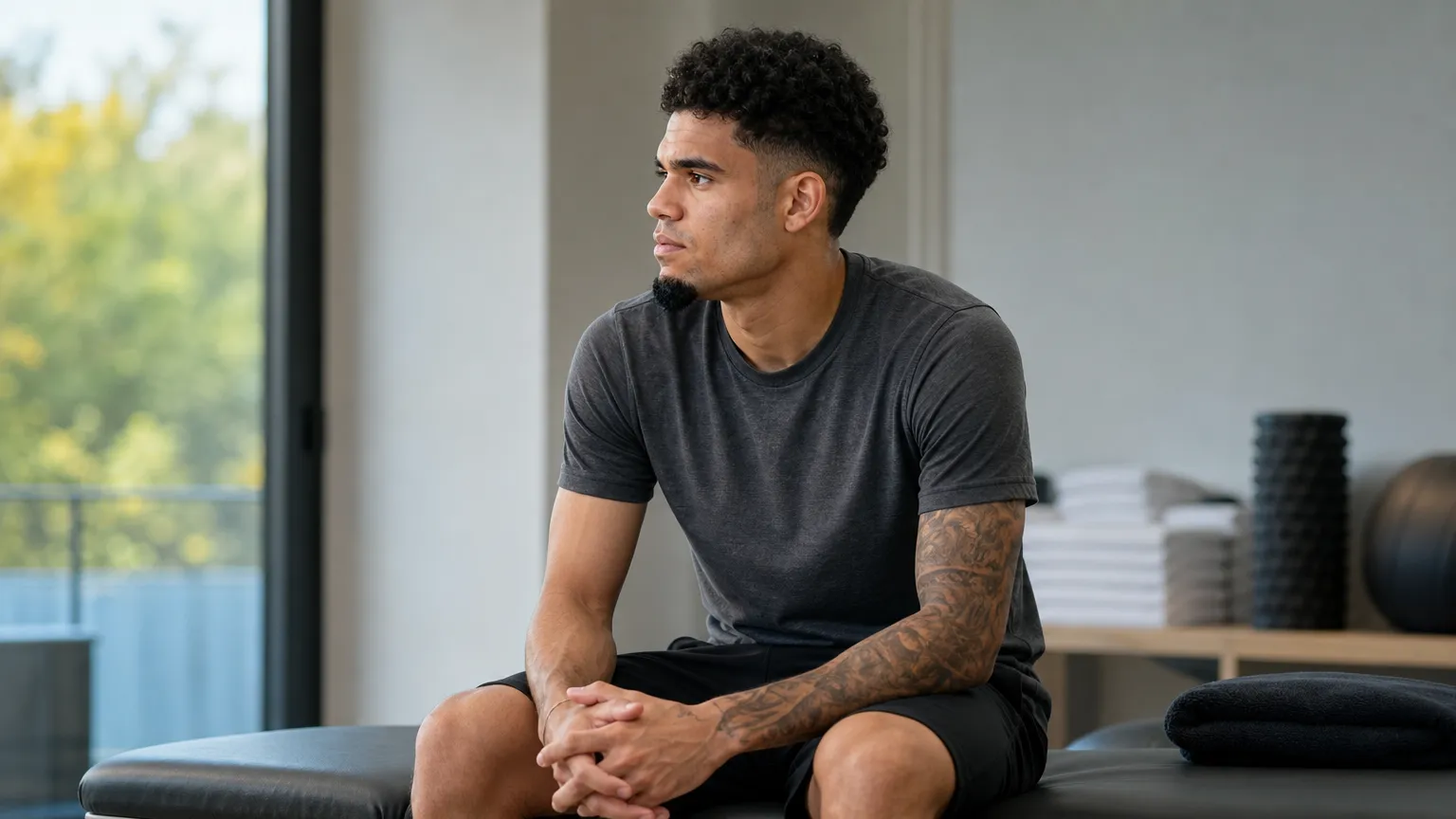 Luis Díaz rust in neutrale sportkleding in een rustige binnenruimte.