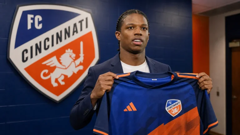 Tyrell Malacia presenteert zich in het tenue van FC Cincinnati.