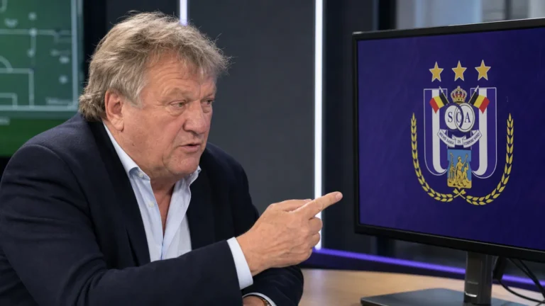 Jan Boskamp in een voetbalanalysestudio met een scherm waarop het embleem van Anderlecht zichtbaar is.