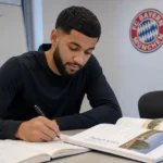 Ismael Saibari tijdens een Duitse les in een lokaal van Bayern München, met een clubembleem op de wand.