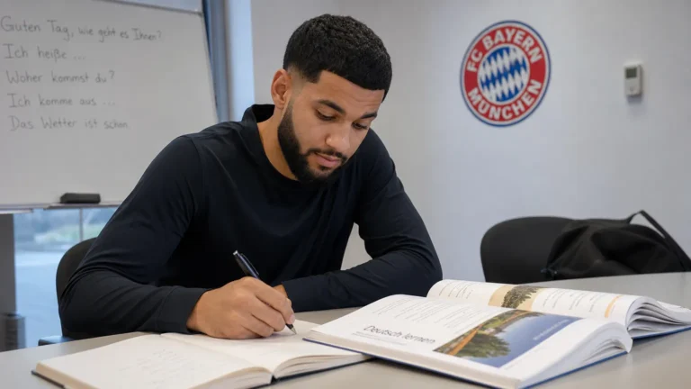Ismael Saibari tijdens een Duitse les in een lokaal van Bayern München, met een clubembleem op de wand.