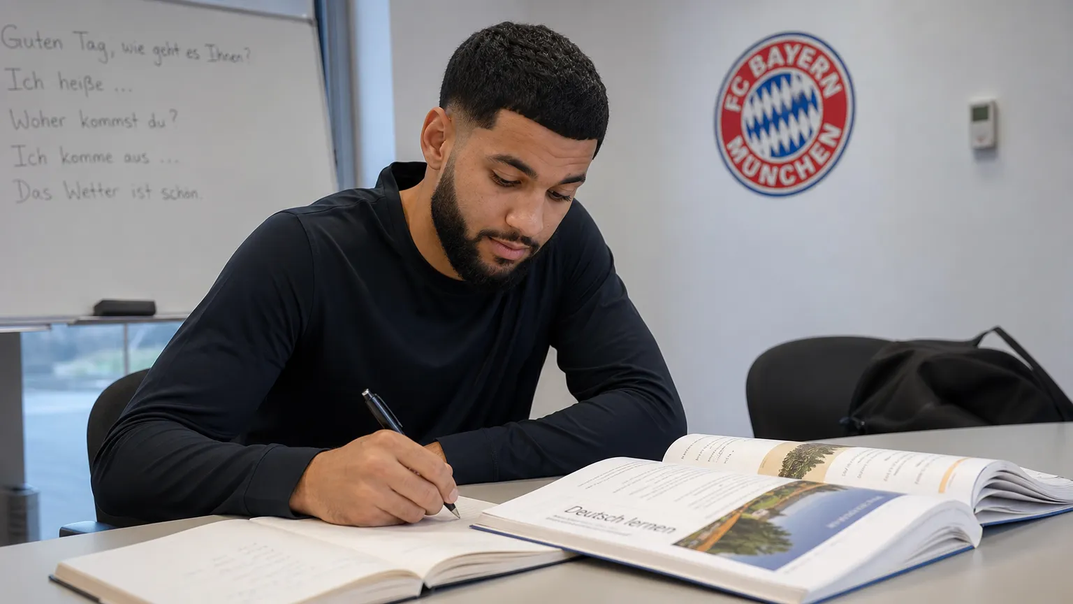 Ismael Saibari tijdens een Duitse les in een lokaal van Bayern München, met een clubembleem op de wand.