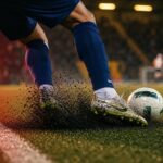 Voetballer zoekt grip op kunstgras terwijl rubberkorrels opspatten.