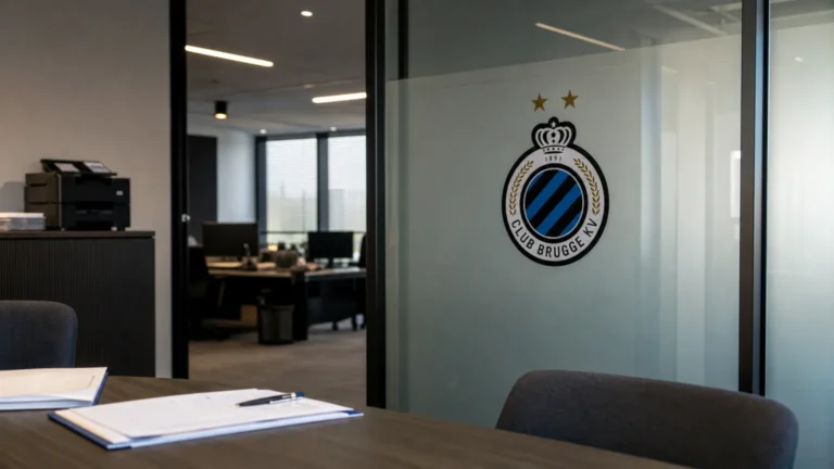 Een operationele kantoorruimte van Club Brugge met een discreet clubembleem aan een glazen wand.