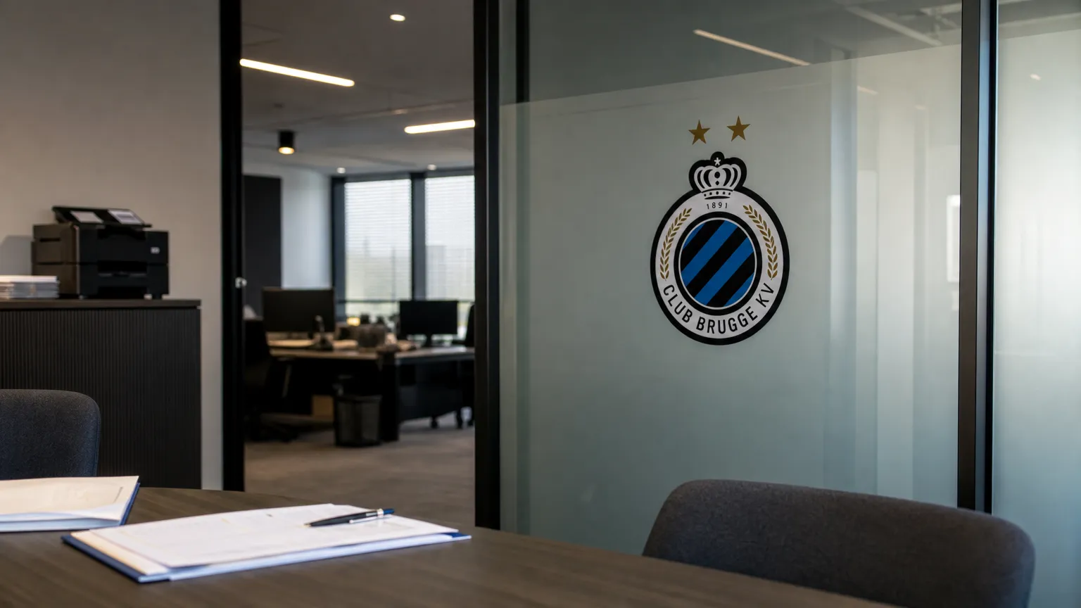 Een operationele kantoorruimte van Club Brugge met een discreet clubembleem aan een glazen wand.