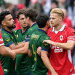 Spelers van Antwerp en Union in een verhitte confrontatie tijdens de wedstrijd op de Bosuil.