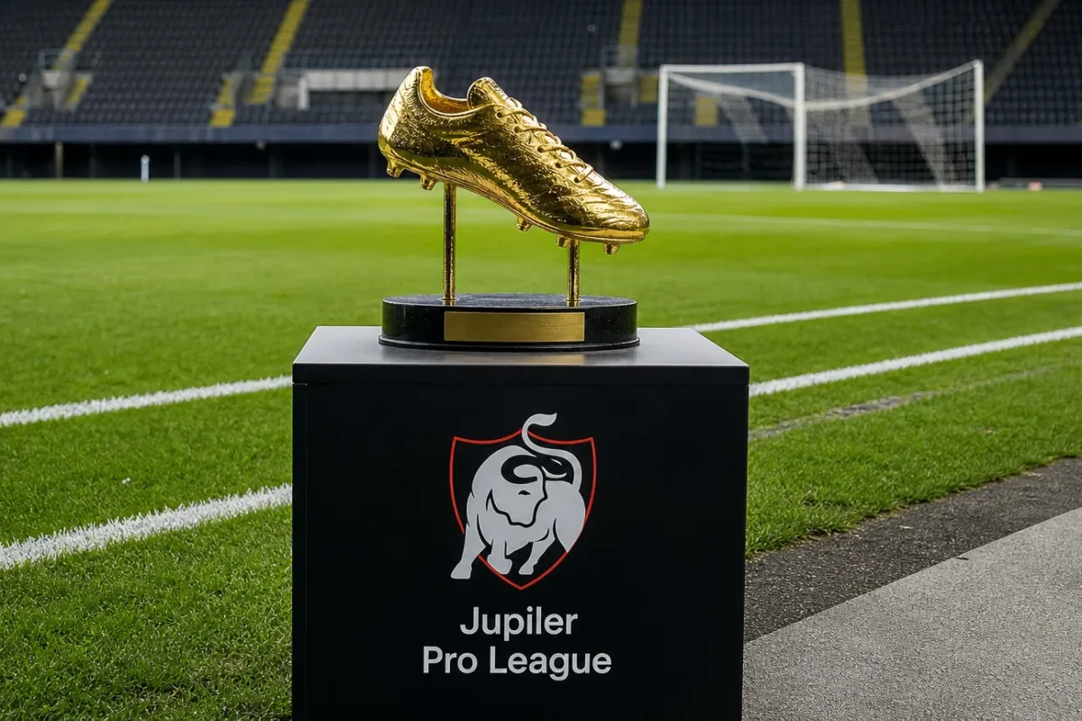 Een gouden topschutterstrofee op een plint naast een voetbalveld met een Jupiler Pro League-embleem.
