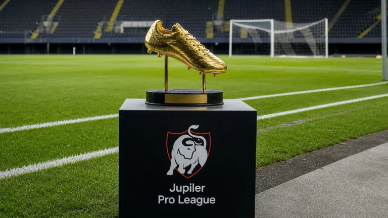 Een gouden topschutterstrofee op een plint naast een voetbalveld met een Jupiler Pro League-embleem.
