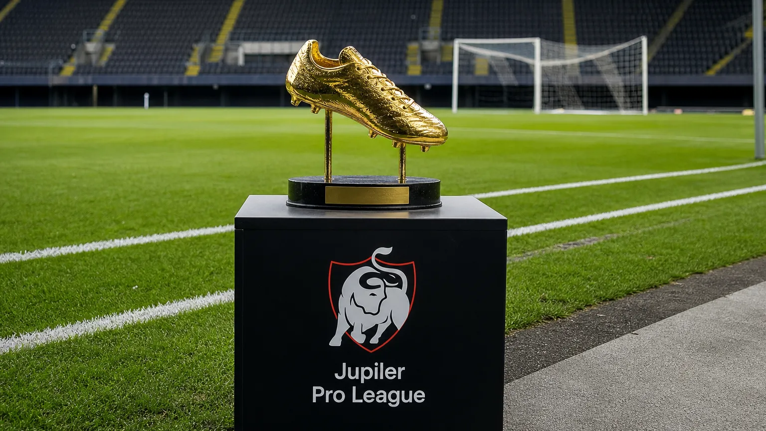 Een gouden topschutterstrofee op een plint naast een voetbalveld met een Jupiler Pro League-embleem.