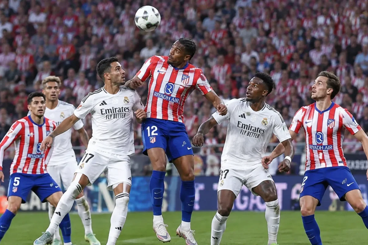 Spelers van Atlético Madrid en Real Madrid strijden om de bal in de Madrileense derby.