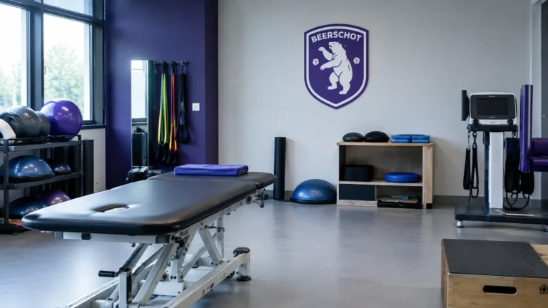 Lege revalidatieruimte met enkeltrainingsmateriaal en een Beerschot-embleem op de achterwand.