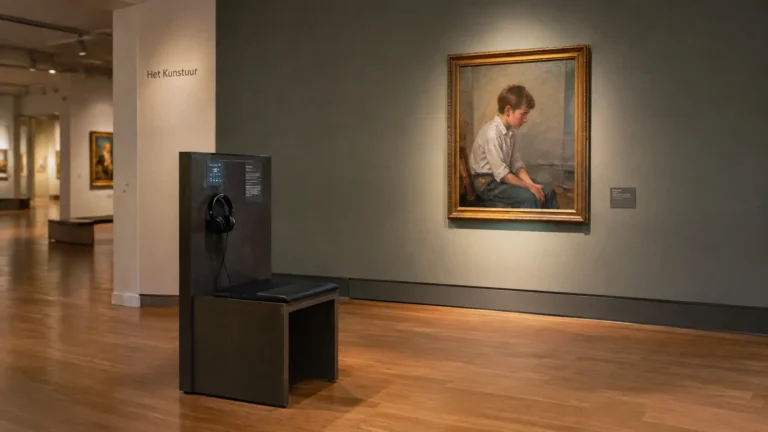 Een lege tentoonstellingsruimte van Het Kunstuur met een schilderij en een luisterstation.