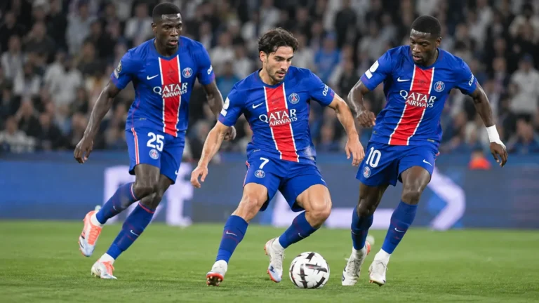 PSG-spelers in blauw-rode tenues tijdens een wedstrijdmoment.