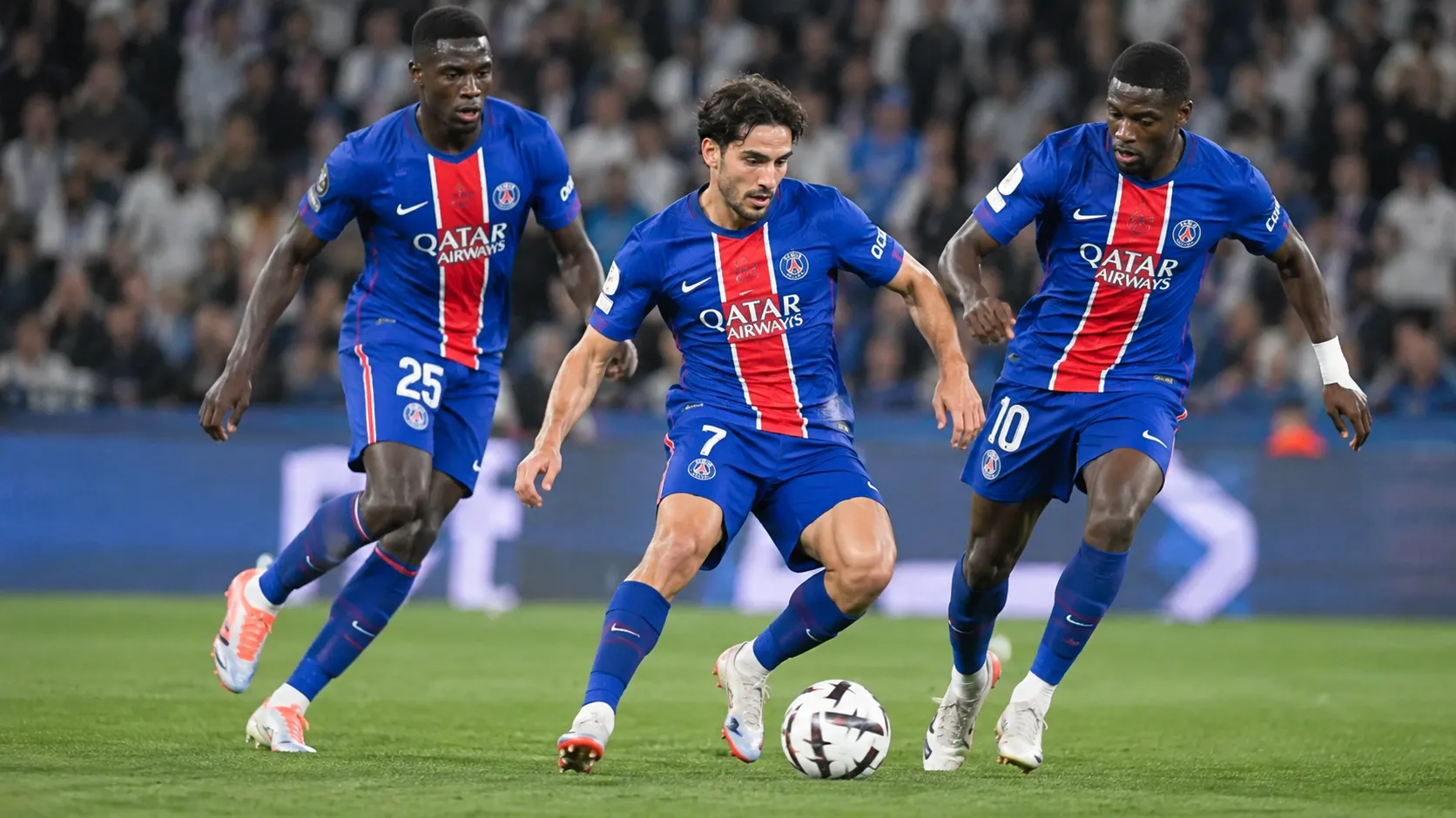 PSG-spelers in blauw-rode tenues tijdens een wedstrijdmoment.