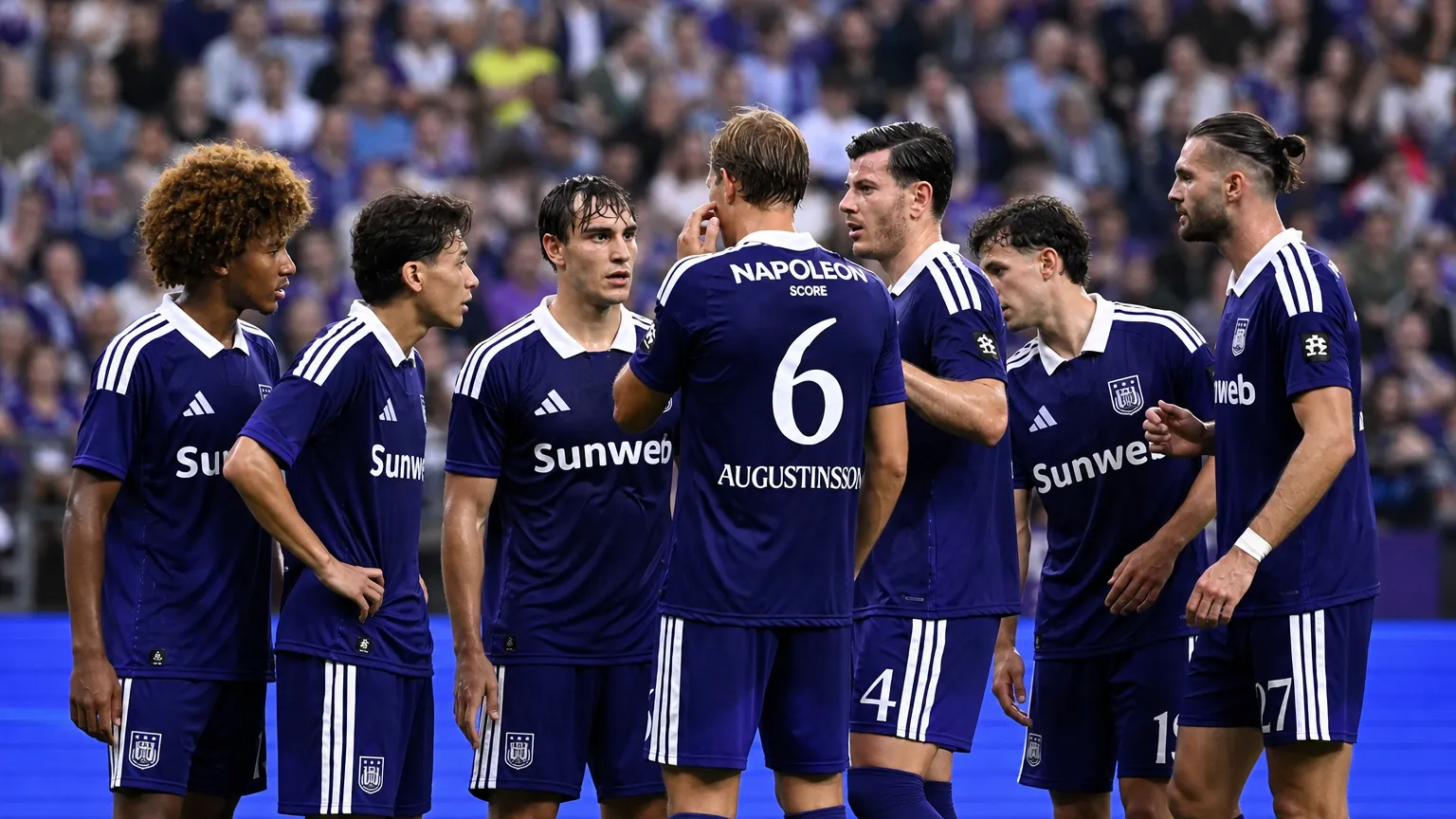Een groep Anderlecht-spelers in paarse wedstrijdtenues overlegt tijdens een spelonderbreking.