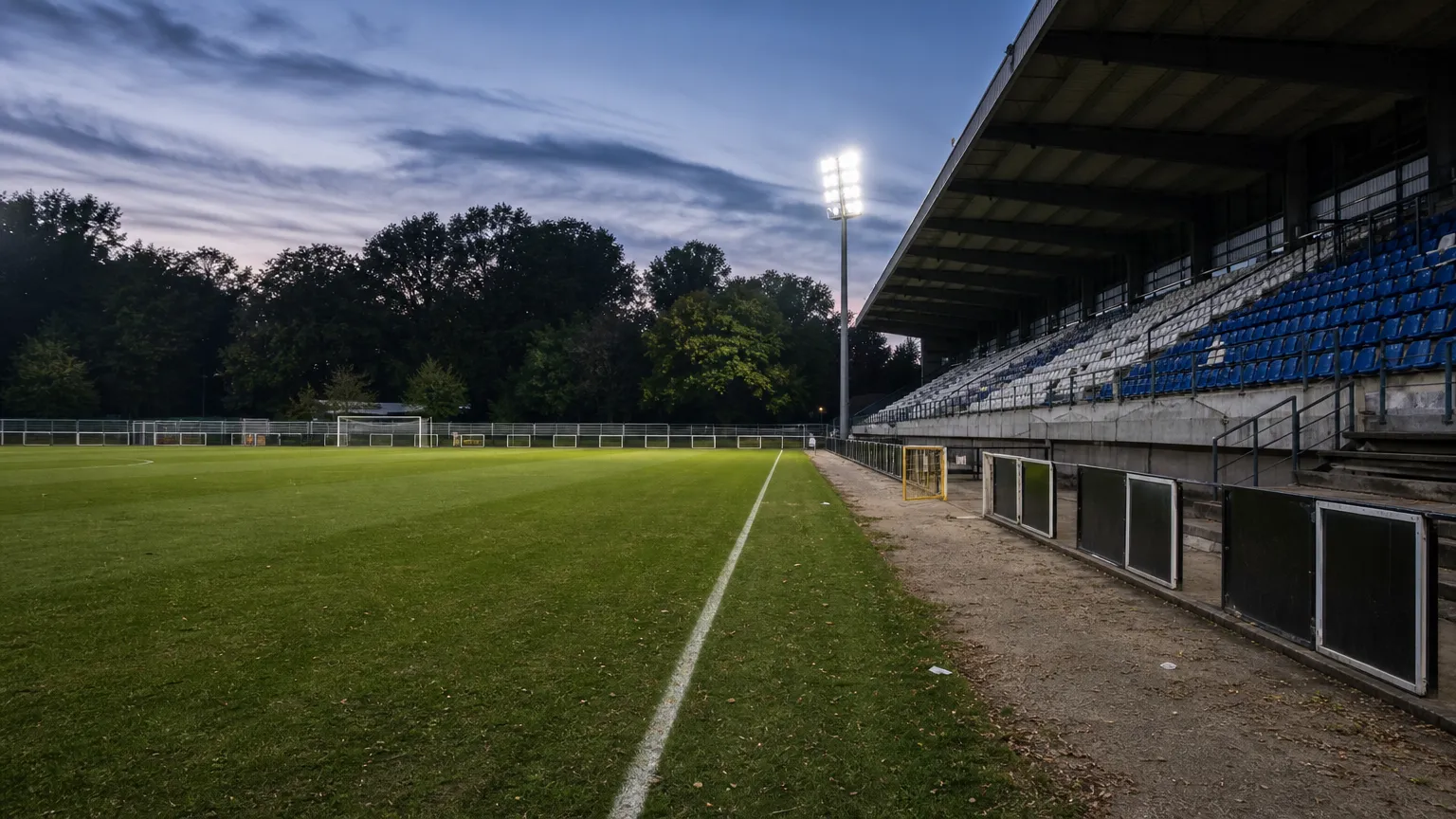 Het lege veld en de zijlijn in het Dudenpark na een Brusselse derby.