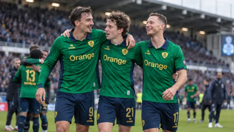 Een groep spelers van Union Saint-Gilloise viert samen op het veld na een wedstrijd.