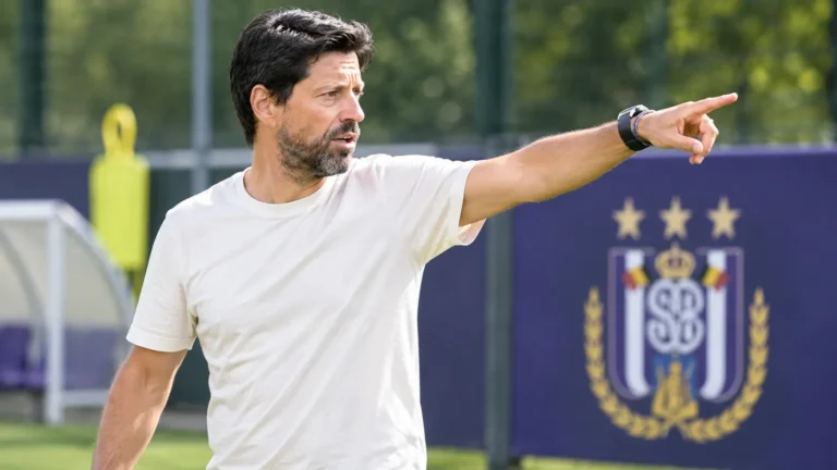 Een Anderlecht-coach geeft aanwijzingen naast een trainingsveld met een clubembleem op een vast bord.