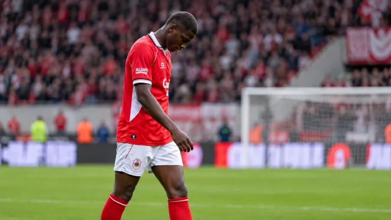 Een Antwerp-speler in rood-wit wandelt op het veld na een wedstrijdmoment.