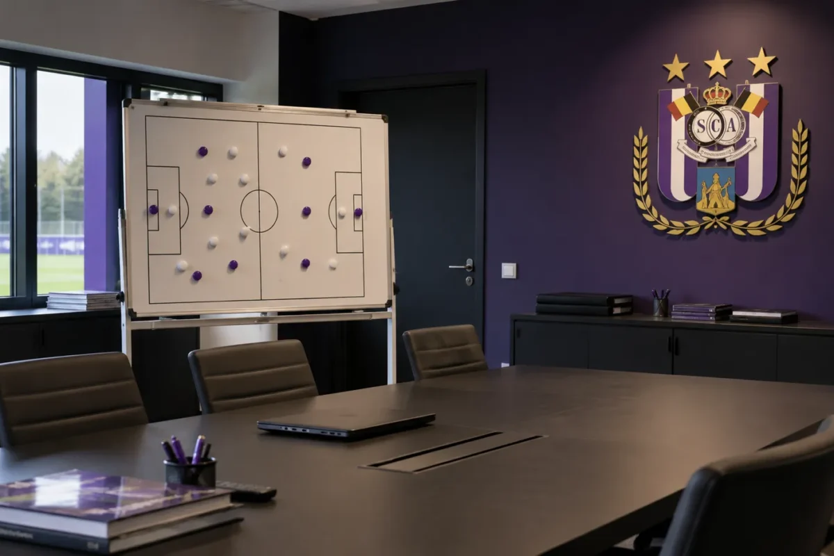 Lege analysekamer van RSC Anderlecht met een tactisch bord en een vast clubembleem aan de muur.