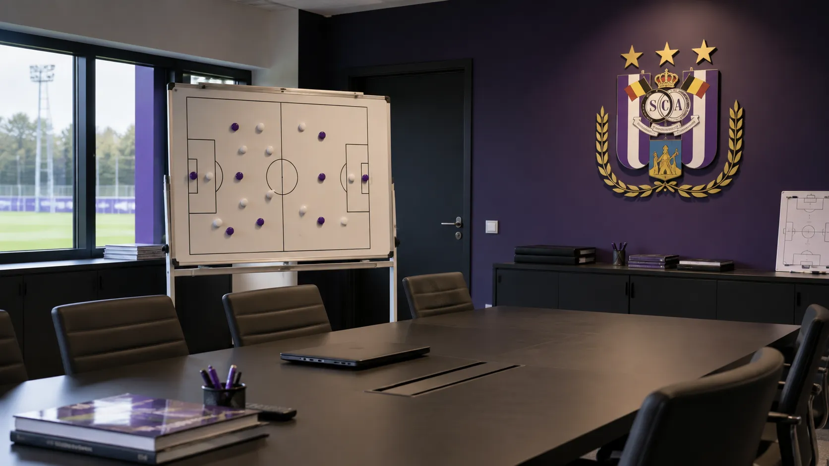 Lege analysekamer van RSC Anderlecht met een tactisch bord en een vast clubembleem aan de muur.