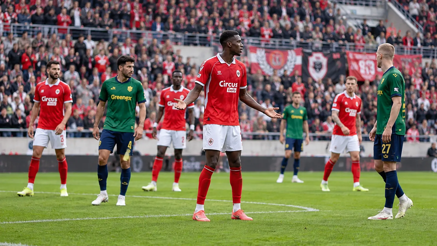 Voetballers in rode en groen-zwarte tenues tijdens een onderbreking op het veld.