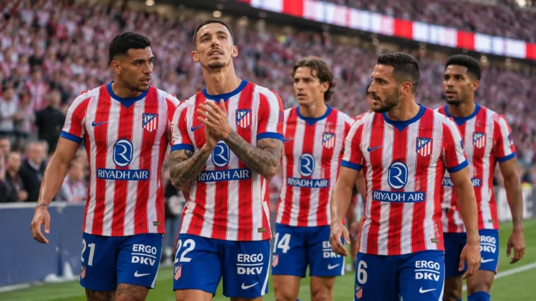 Een groep voetballers in rood-wit gestreepte shirts op het veld na een intense wedstrijd.