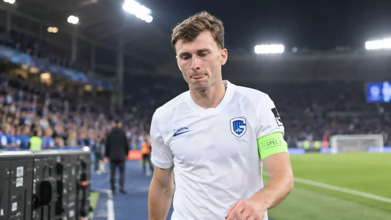 Een KRC Genk-speler in wit wedstrijdshirt loopt na een wedstrijd over het veld.
