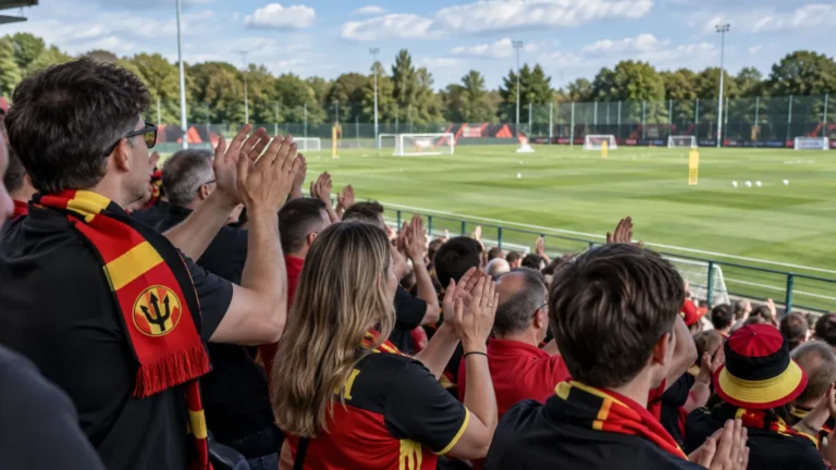 Een collectieve groep supporters applaudisseert tijdens een open training van de Rode Duivels.