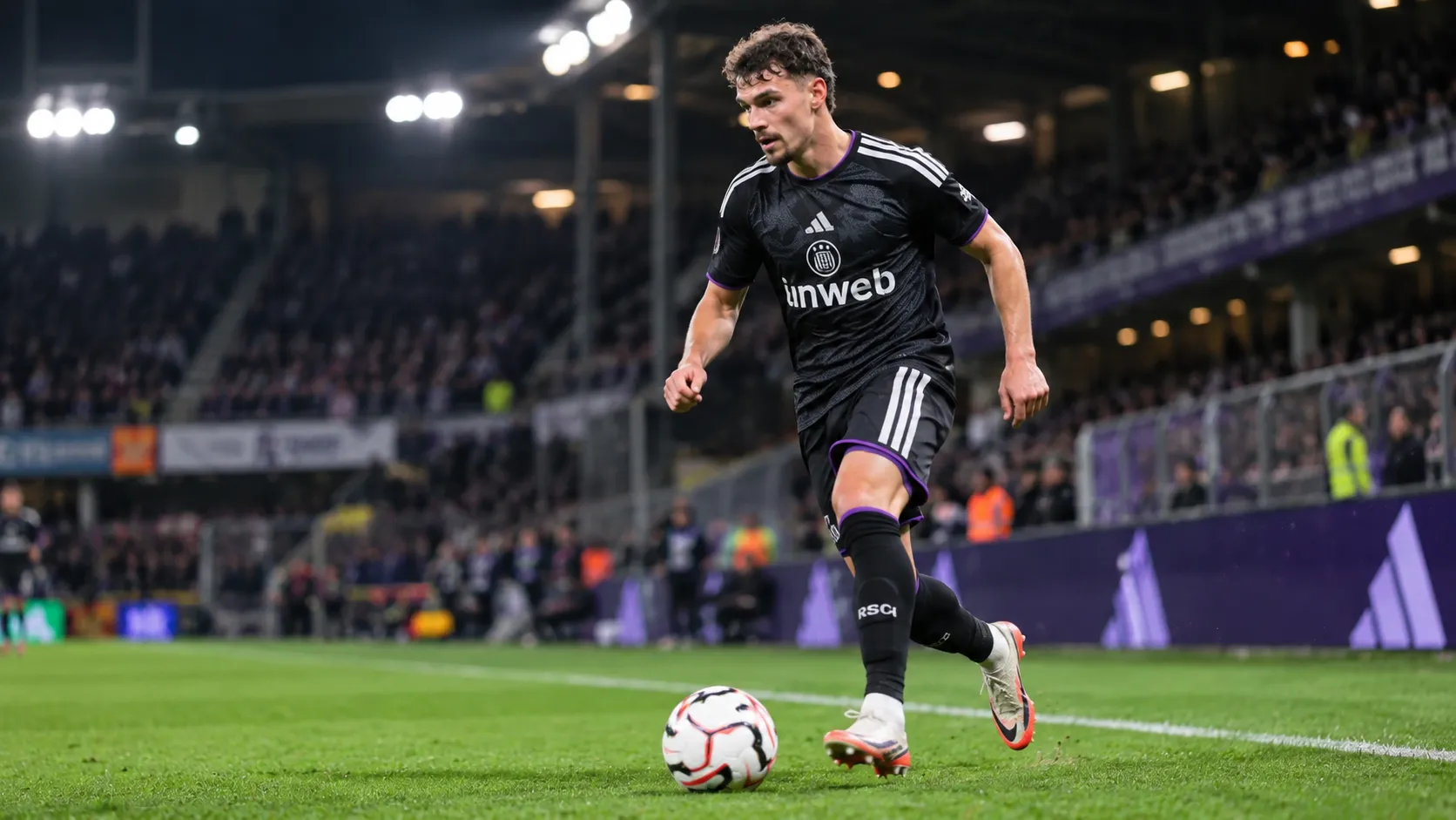 Lukáš Ambros van Anderlecht trapt een bal langs de rechterflank in een avondwedstrijd.