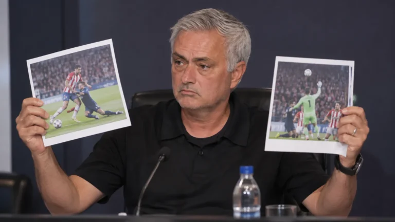 Een trainer houdt tijdens een persconferentie uitgeprinte wedstrijdfoto's omhoog.