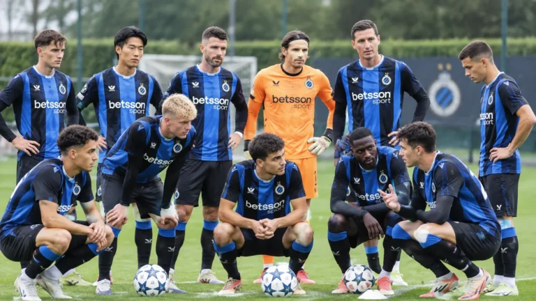 Een groep spelers van Club Brugge verzamelt zich op het veld voor een wedstrijdmoment.
