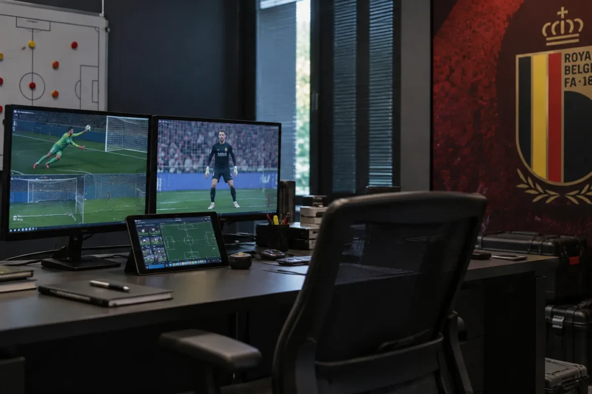 Lege videoanalysehoek van de Rode Duivels met een vast embleem op een wandpaneel.