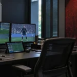 Lege videoanalysehoek van de Rode Duivels met een vast embleem op een wandpaneel.