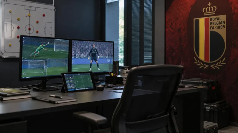 Lege videoanalysehoek van de Rode Duivels met een vast embleem op een wandpaneel.