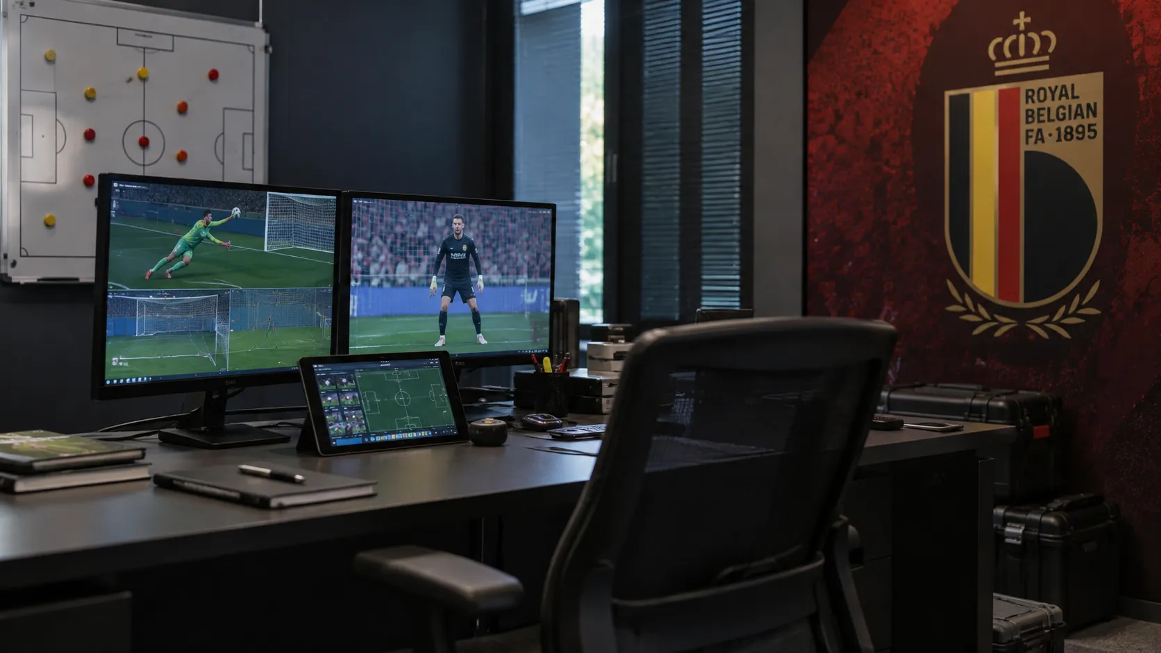 Lege videoanalysehoek van de Rode Duivels met een vast embleem op een wandpaneel.