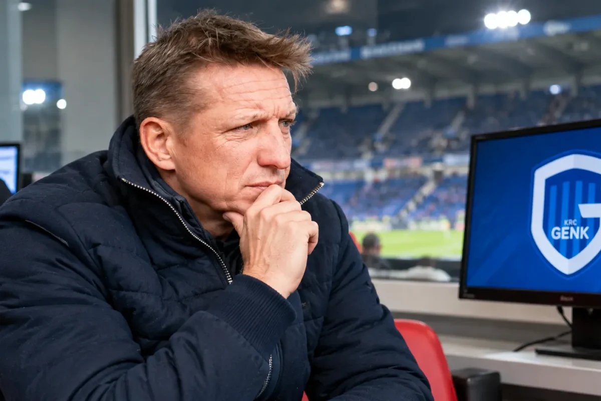 Wesley Sonck in de mediaruimte van een stadion naast een monitor met het embleem van KRC Genk.