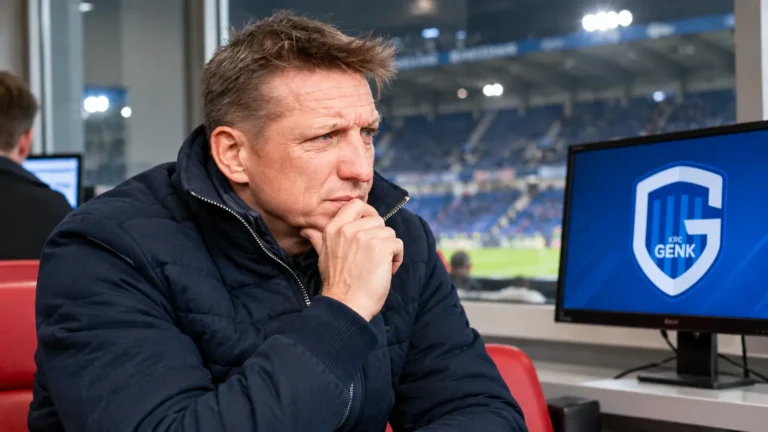 Wesley Sonck in de mediaruimte van een stadion naast een monitor met het embleem van KRC Genk.